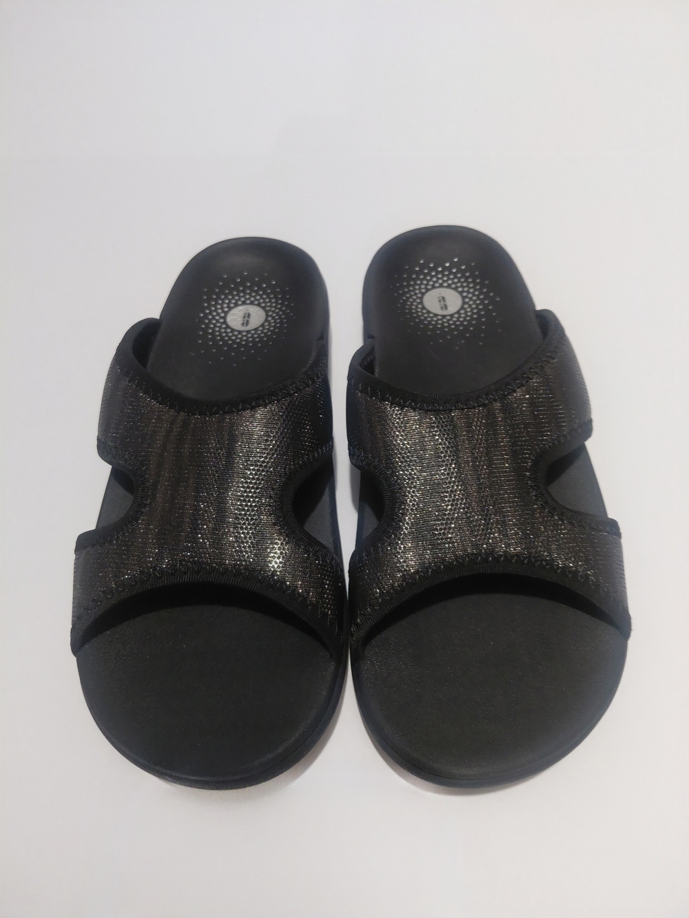 NWOT REVITALIGN Brook Orthotic Women Sz 8.5 Black Pewter Shimmery Slide Sandals